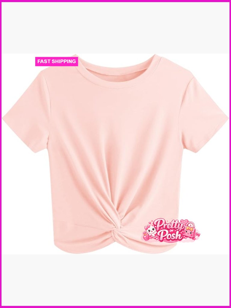 Rayon Polyester Crop Top Twist Front Tee Short Sleeve